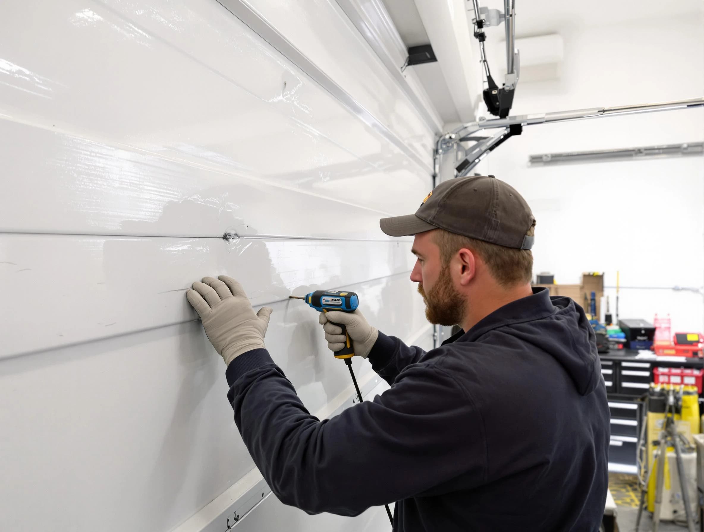 Parker Garage Door Repair technician demonstrating precision dent removal techniques on a Parker garage door